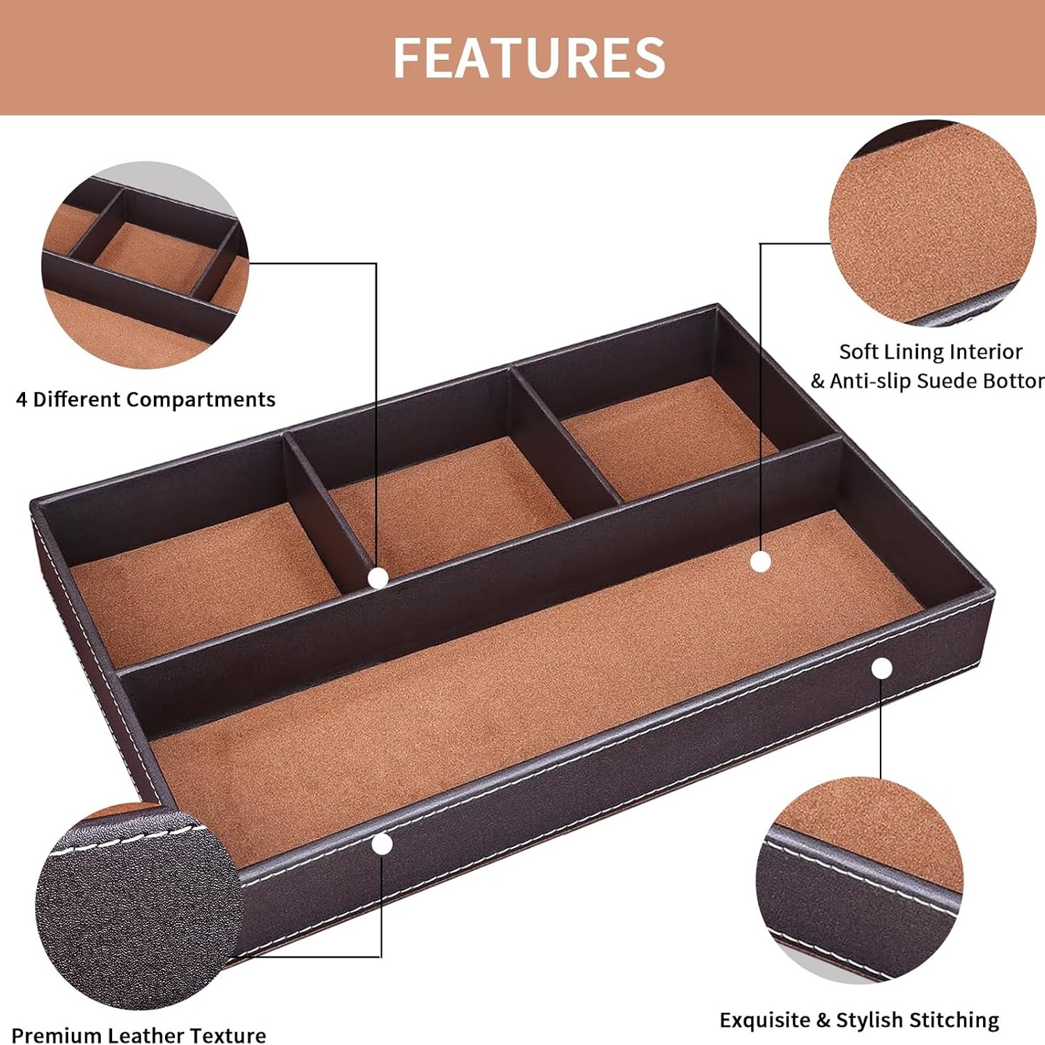 Faux Leather Valet Tray with 4 Compartments