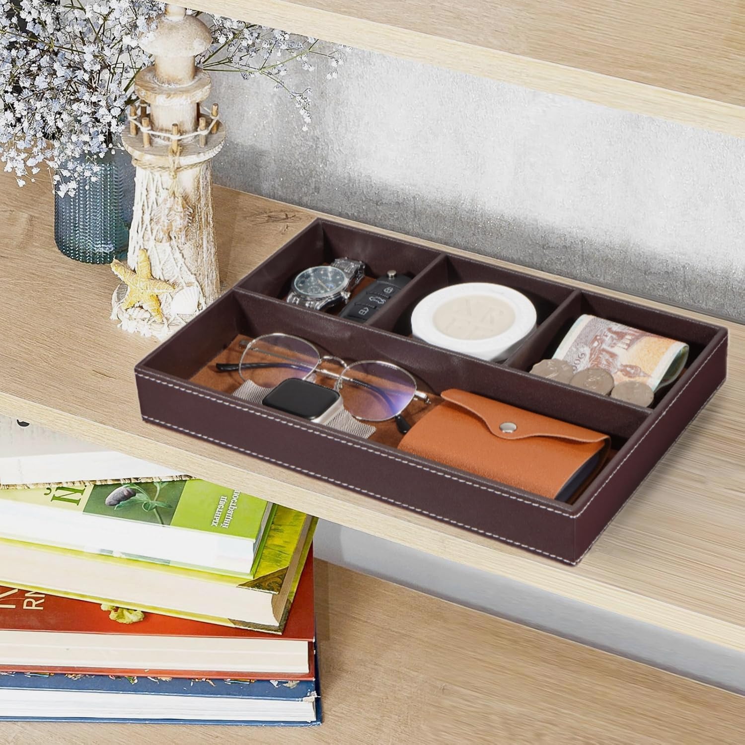 Faux Leather Valet Tray with 4 Compartments