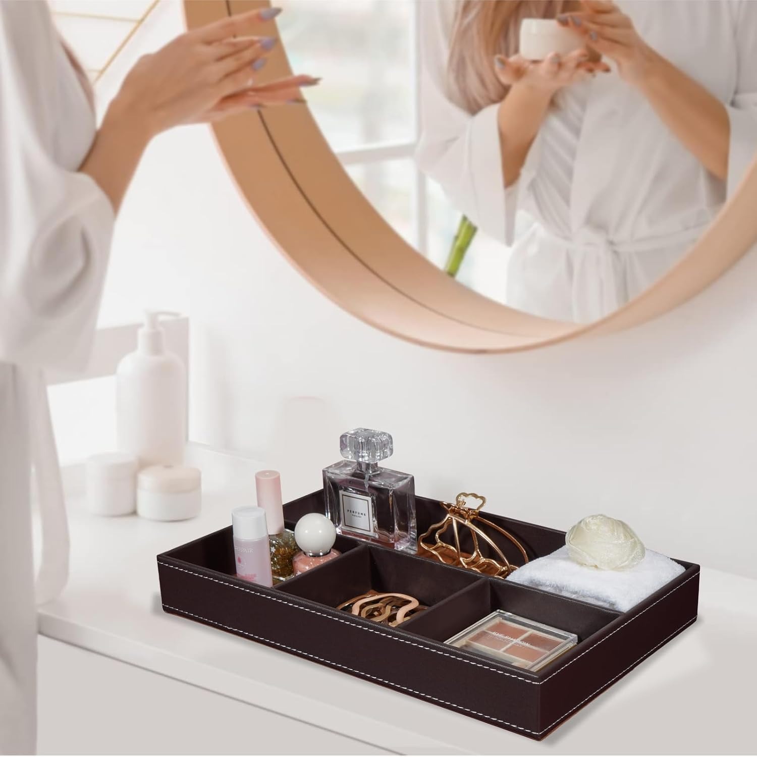Faux Leather Valet Tray with 4 Compartments