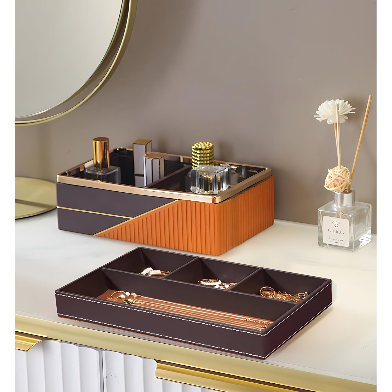 Faux Leather Valet Tray with 4 Compartments
