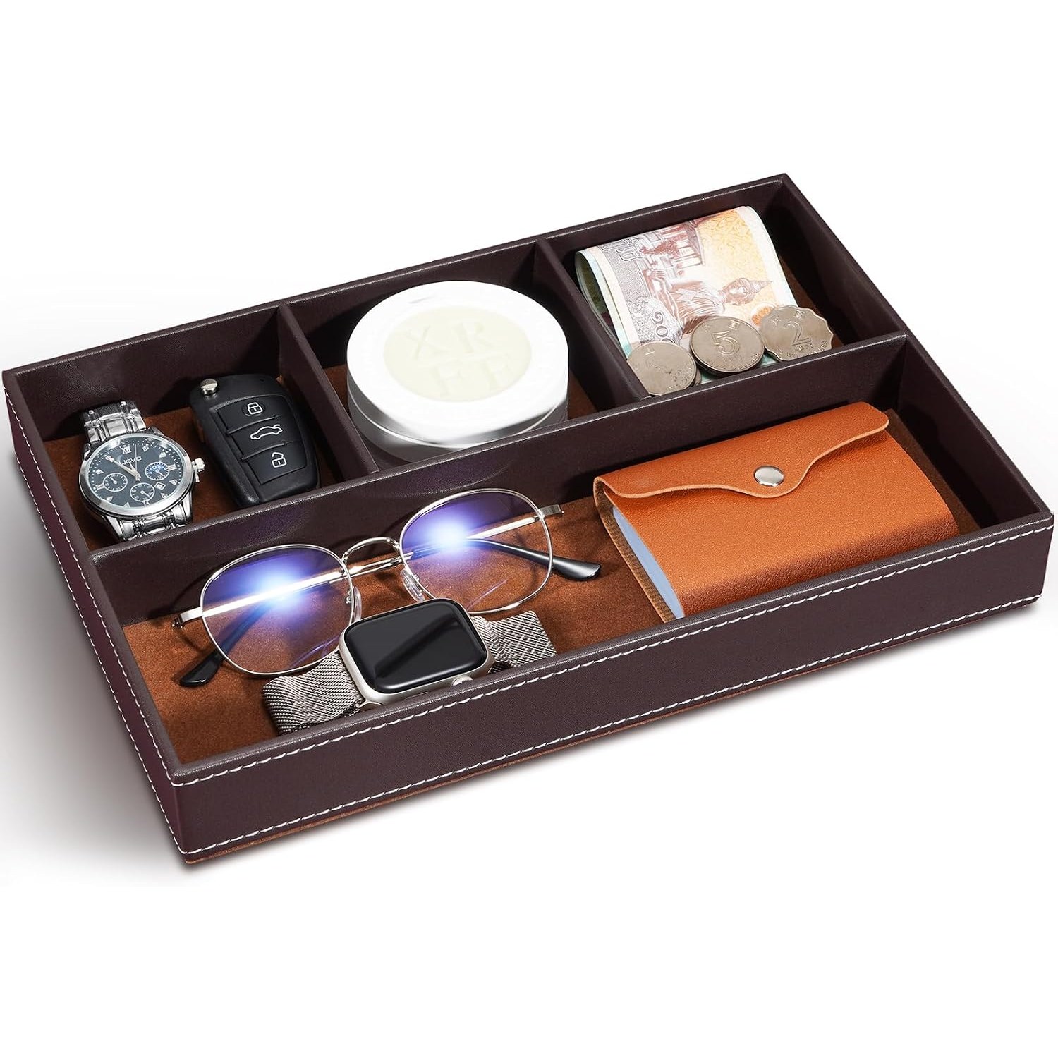Faux Leather Valet Tray with 4 Compartments