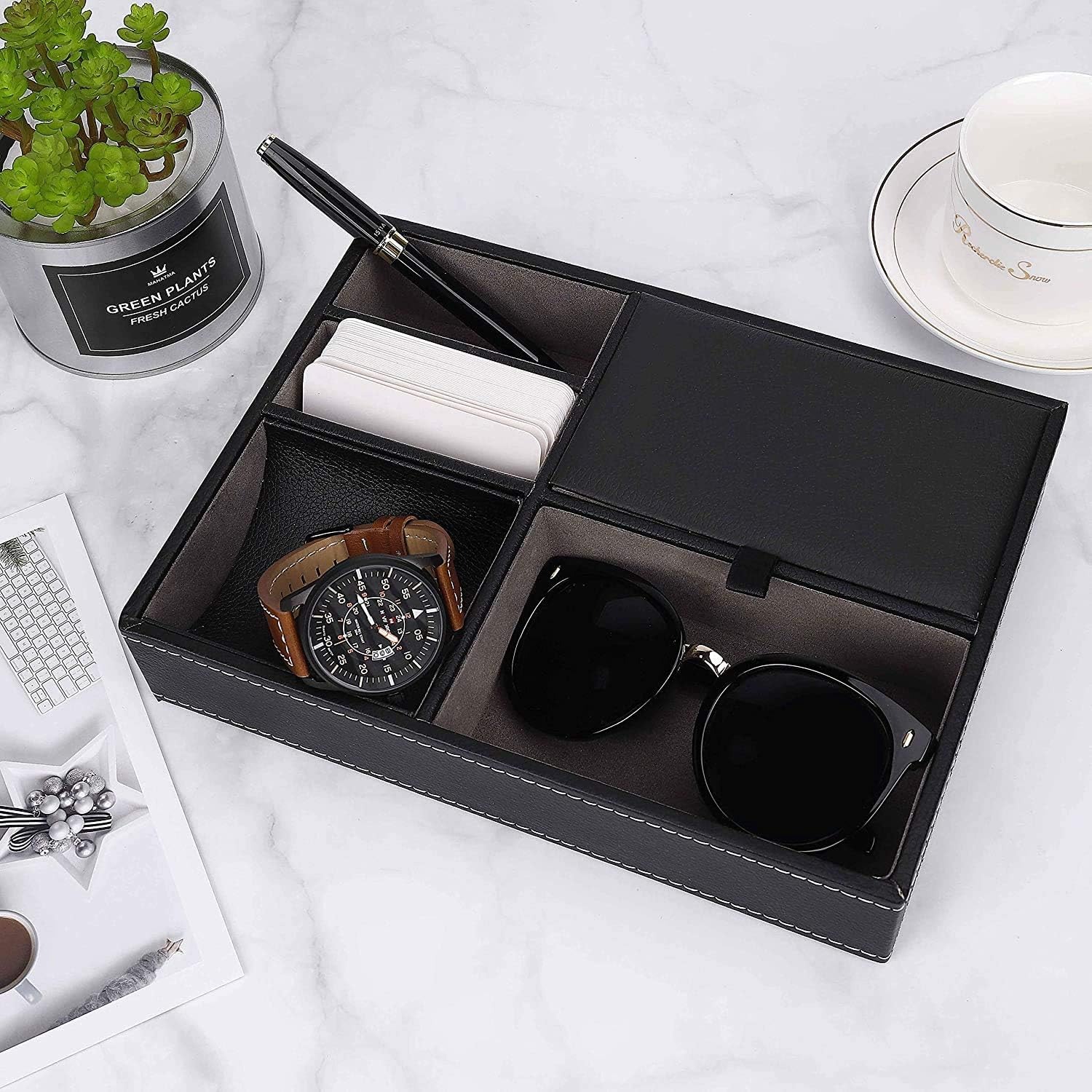 5 Compartment Faux Leather Valet Tray