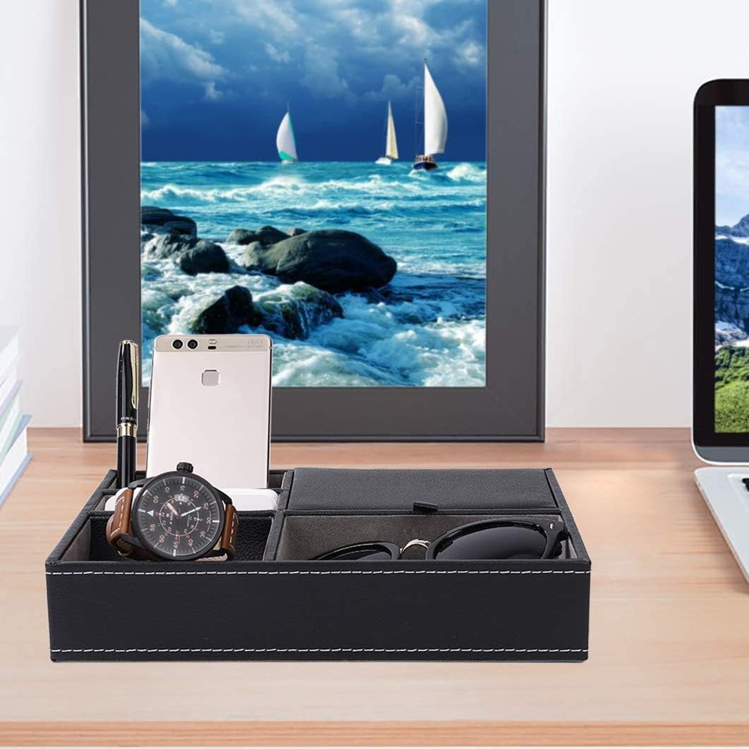 5 Compartment Faux Leather Valet Tray
