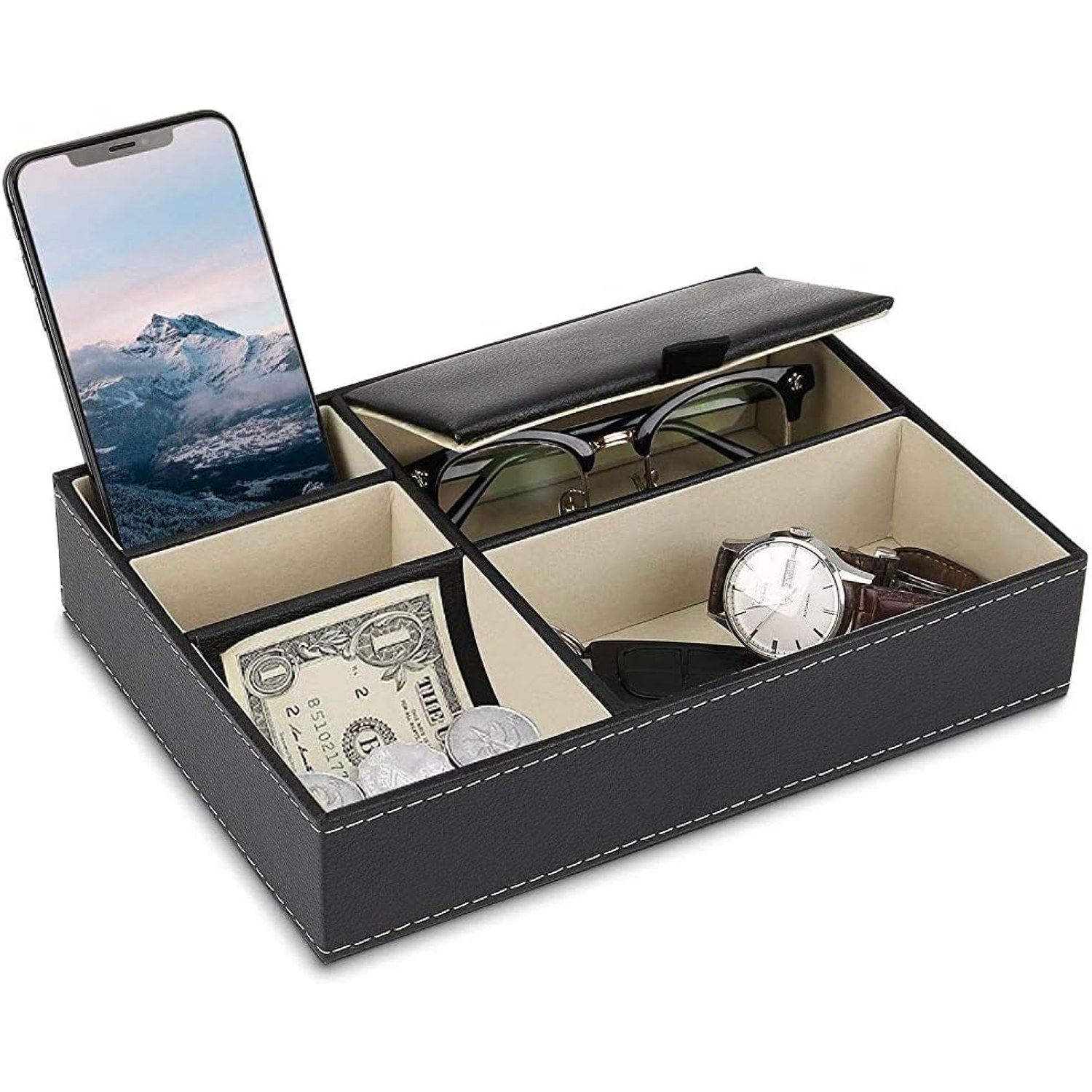 5 Compartment Faux Leather Valet Tray