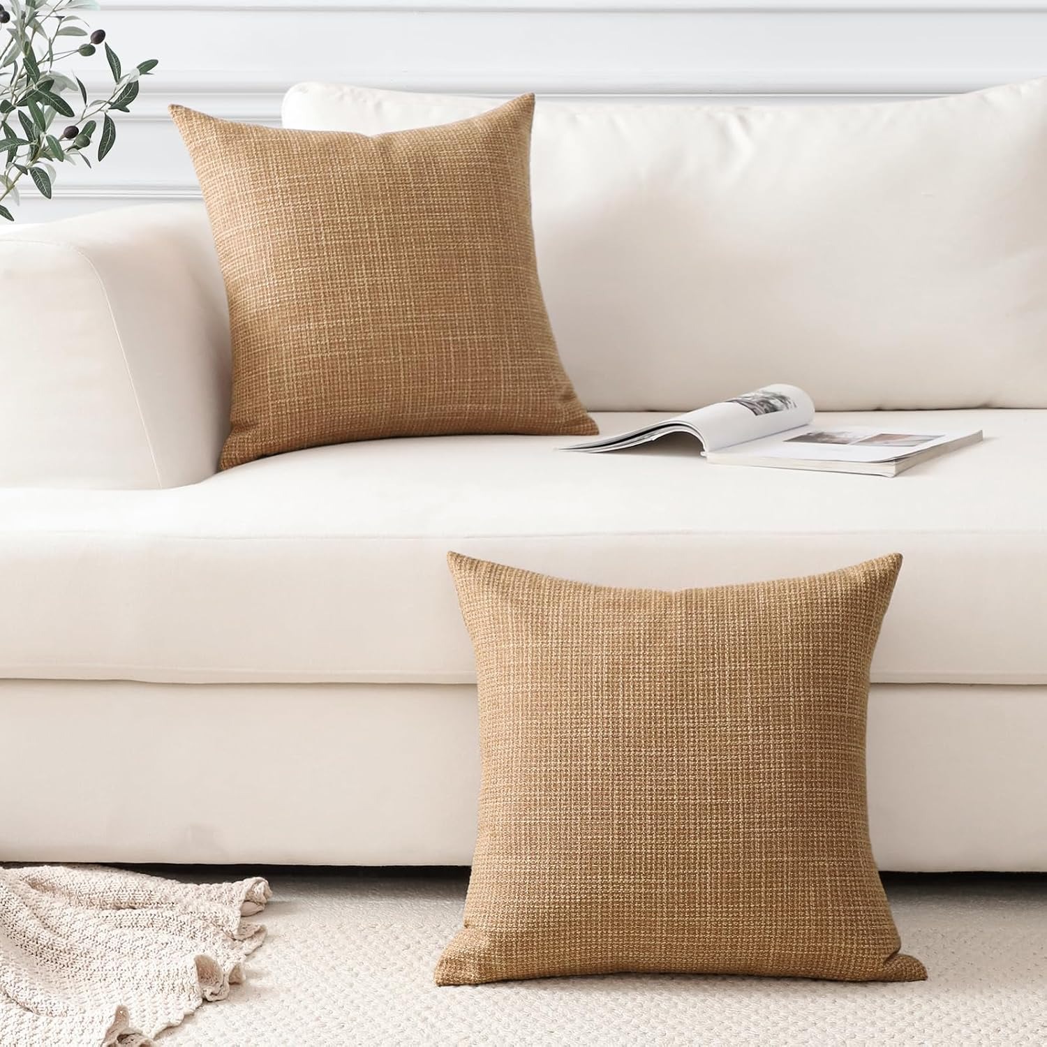 Light Brown Linen Look Cushion Covers 50 cm (2 Pack): image 5