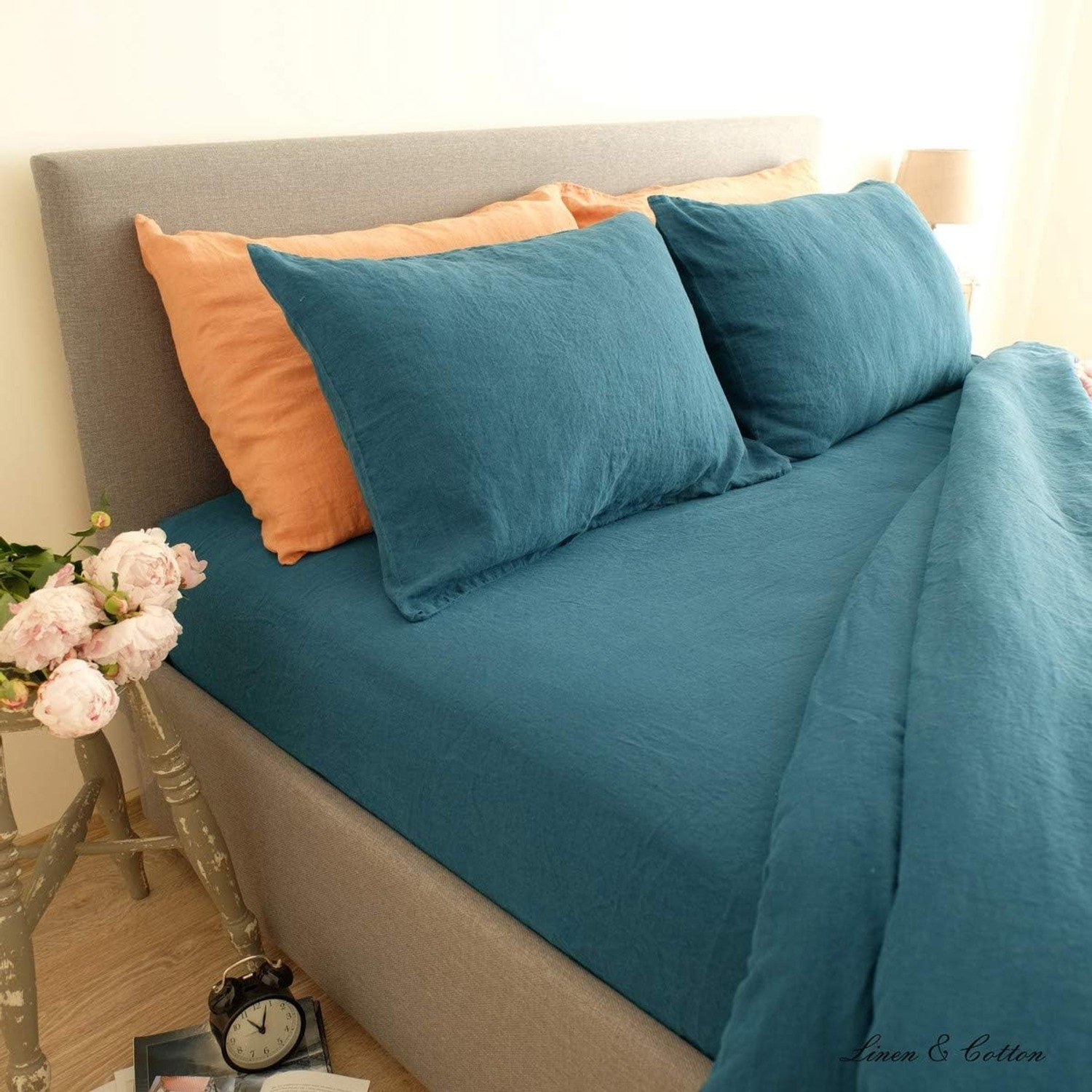Alicia Pure Linen Cushion Cover 50 x 70 cm, Petrol Blue
