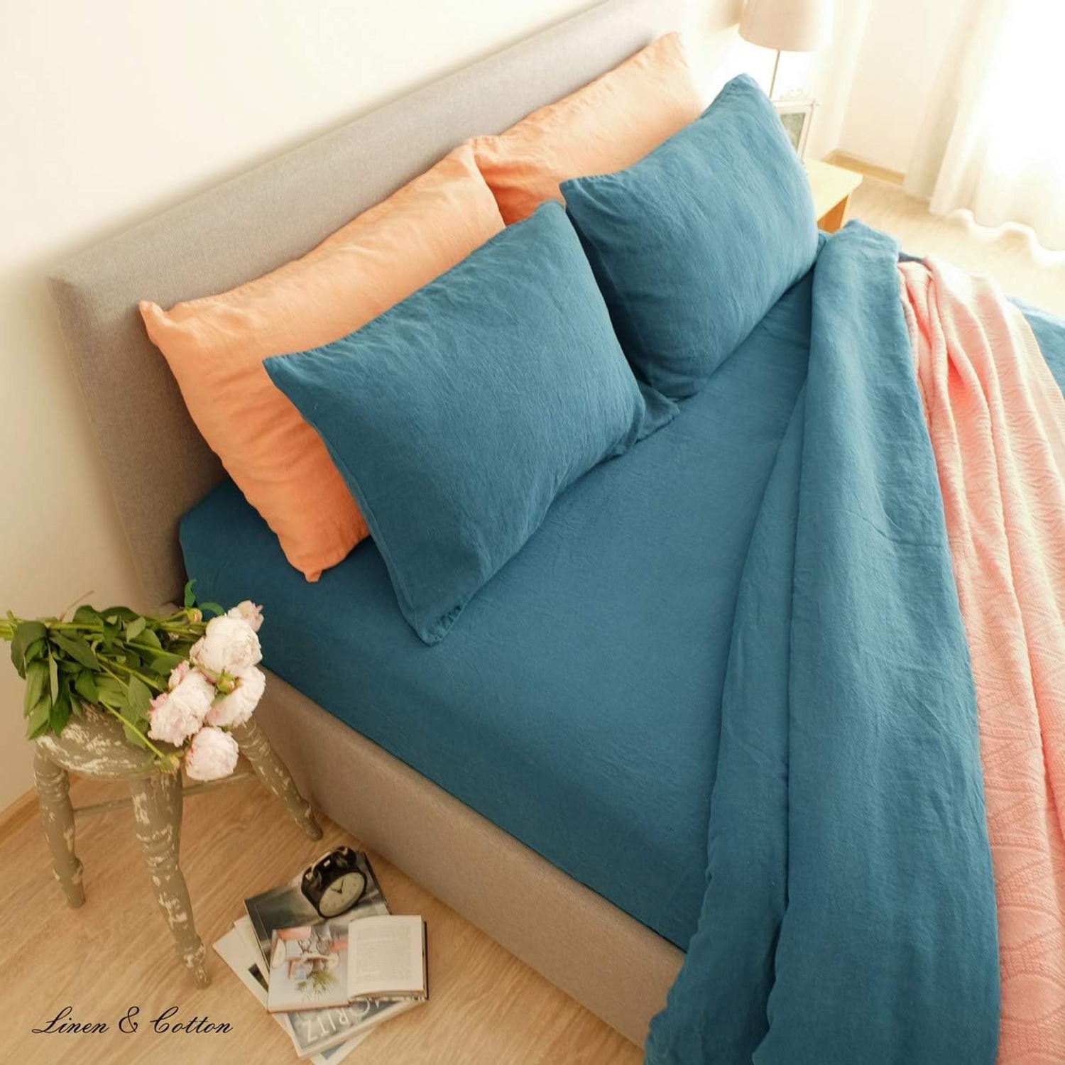 Alicia Pure Linen Cushion Cover 50 x 70 cm, Petrol Blue