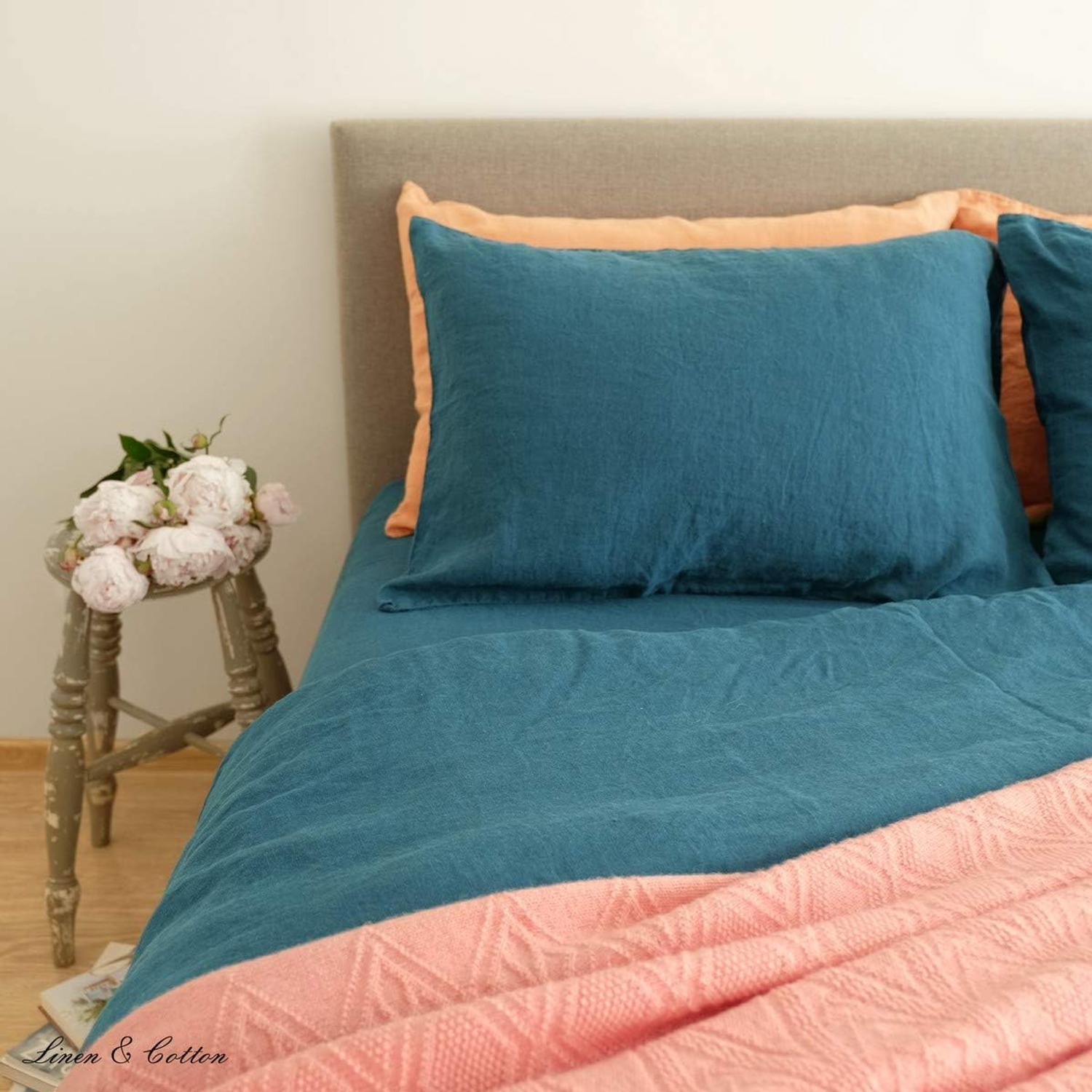 Alicia Pure Linen Cushion Cover 50 x 70 cm, Petrol Blue