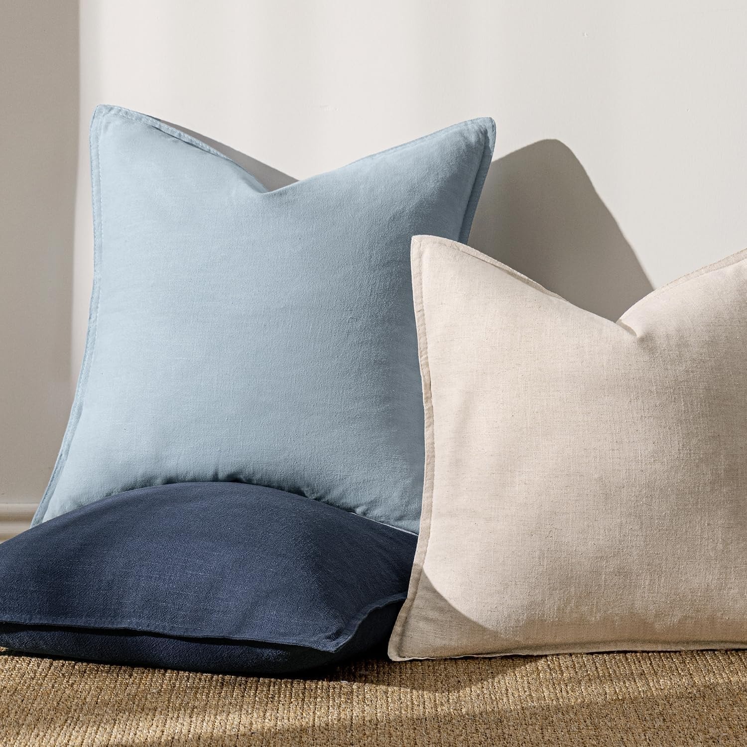 Linen Blend Euro Sham Cushion Covers, Light Blue, Set of 2