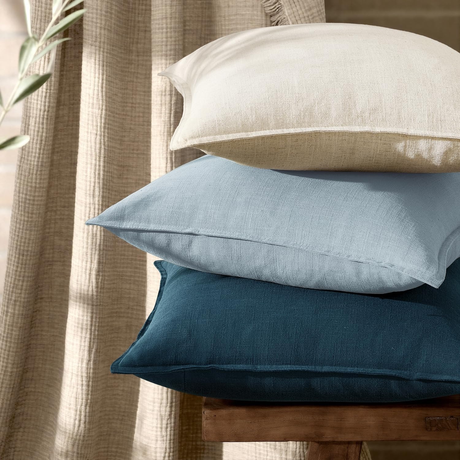 Linen Blend Euro Sham Cushion Covers, Light Blue, Set of 2
