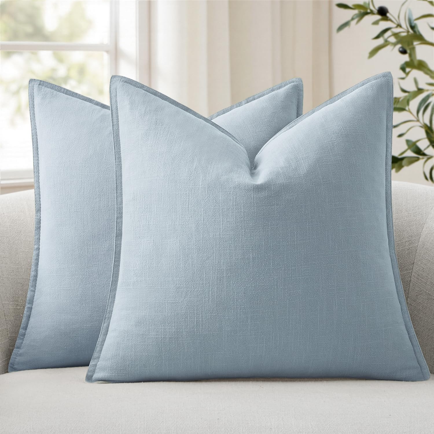 Linen Blend Euro Sham Cushion Covers, Light Blue, Set of 2