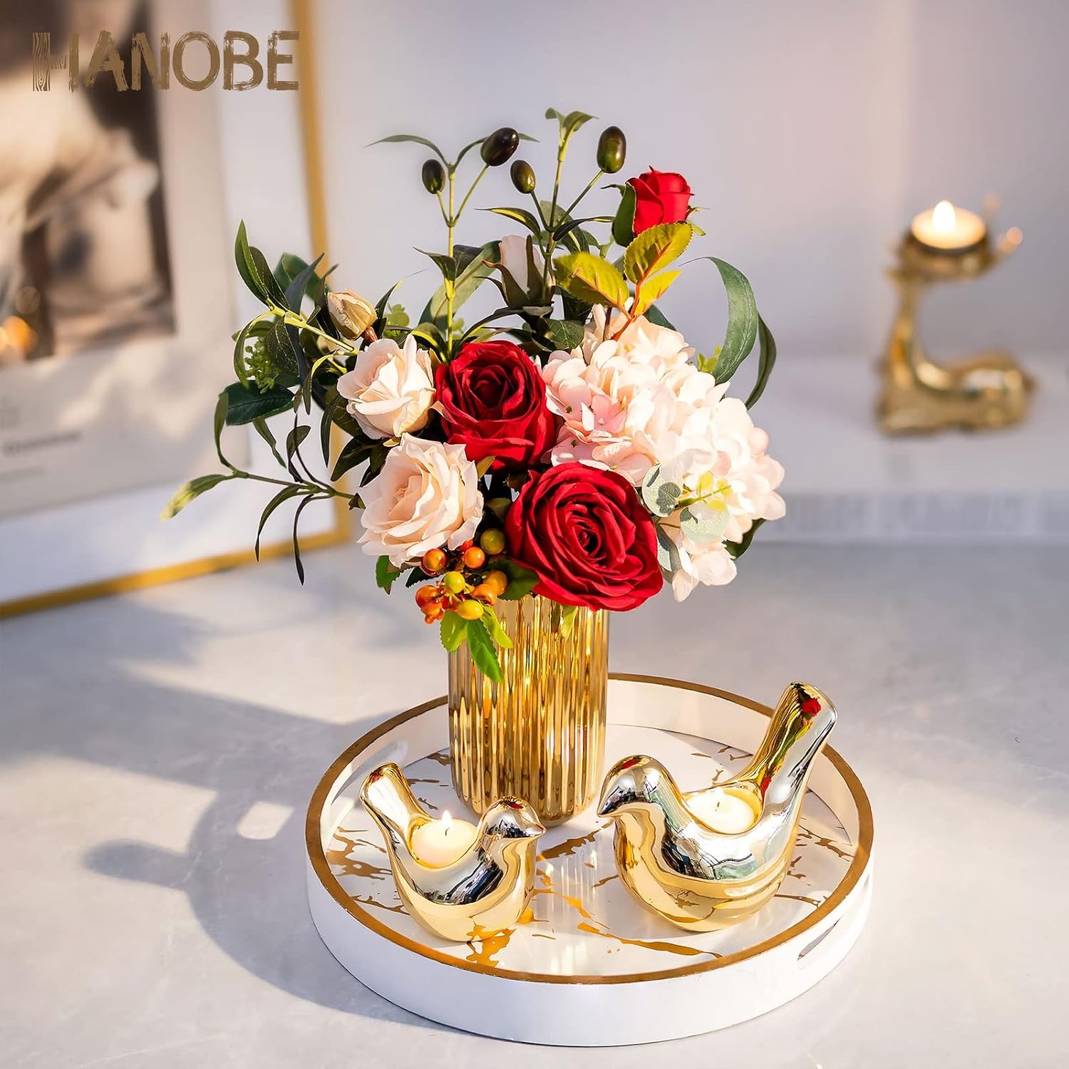 Round Marble Look Tray with Handles