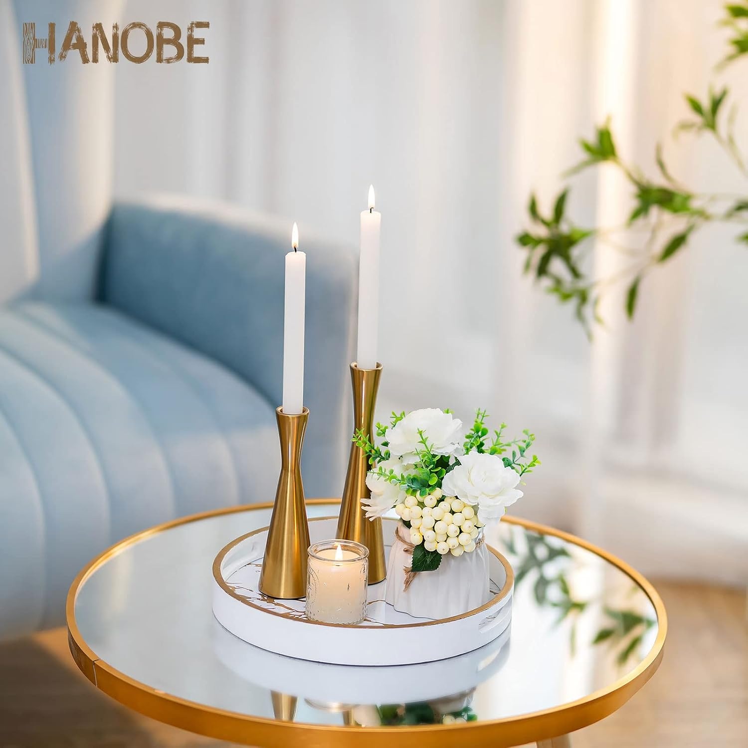 Round Marble Look Tray with Handles
