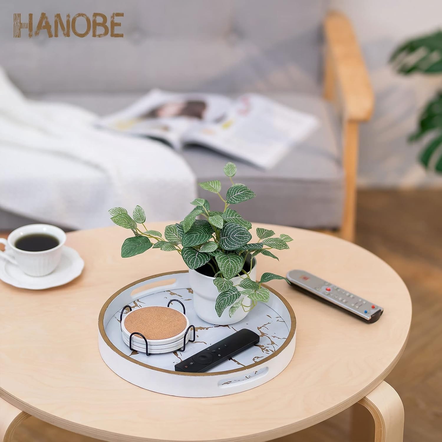 Round Marble Look Tray with Handles