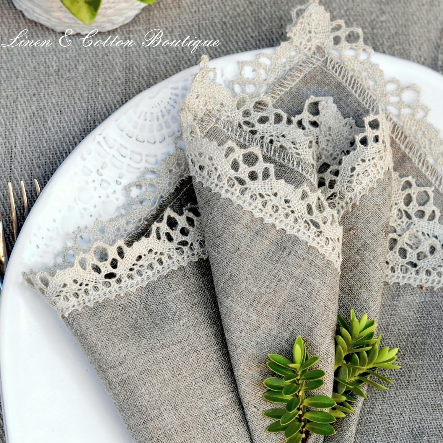 Crochet Edged Linen Napkins, Set of 4