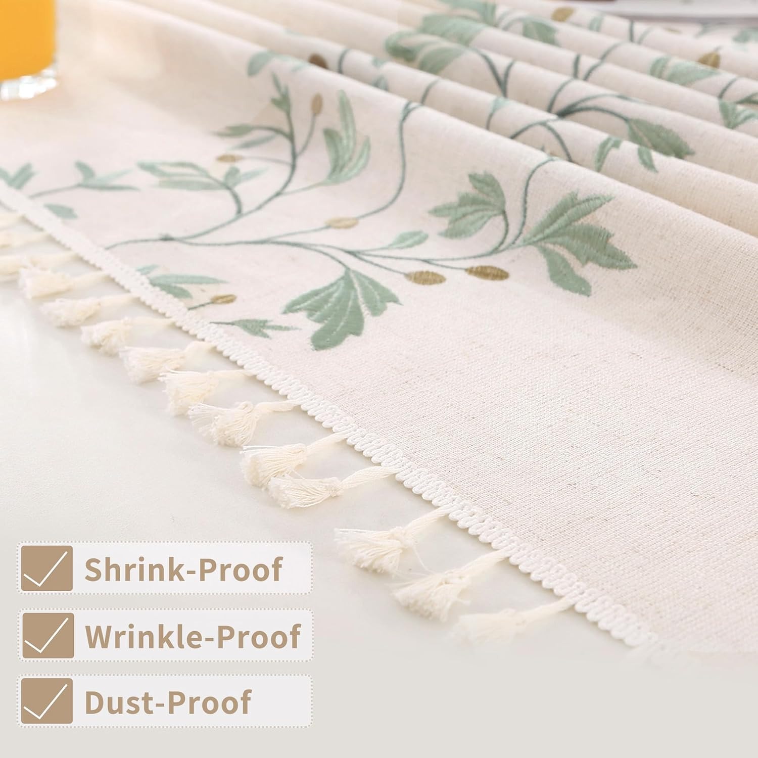Embroidered Leaf Linen Tablecloth with Tassels: image 4