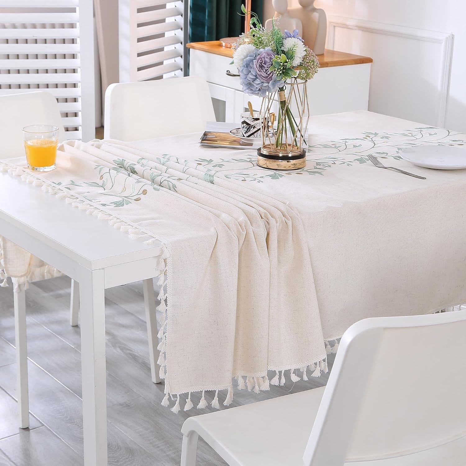 Embroidered Leaf Linen Tablecloth with Tassels: image 6