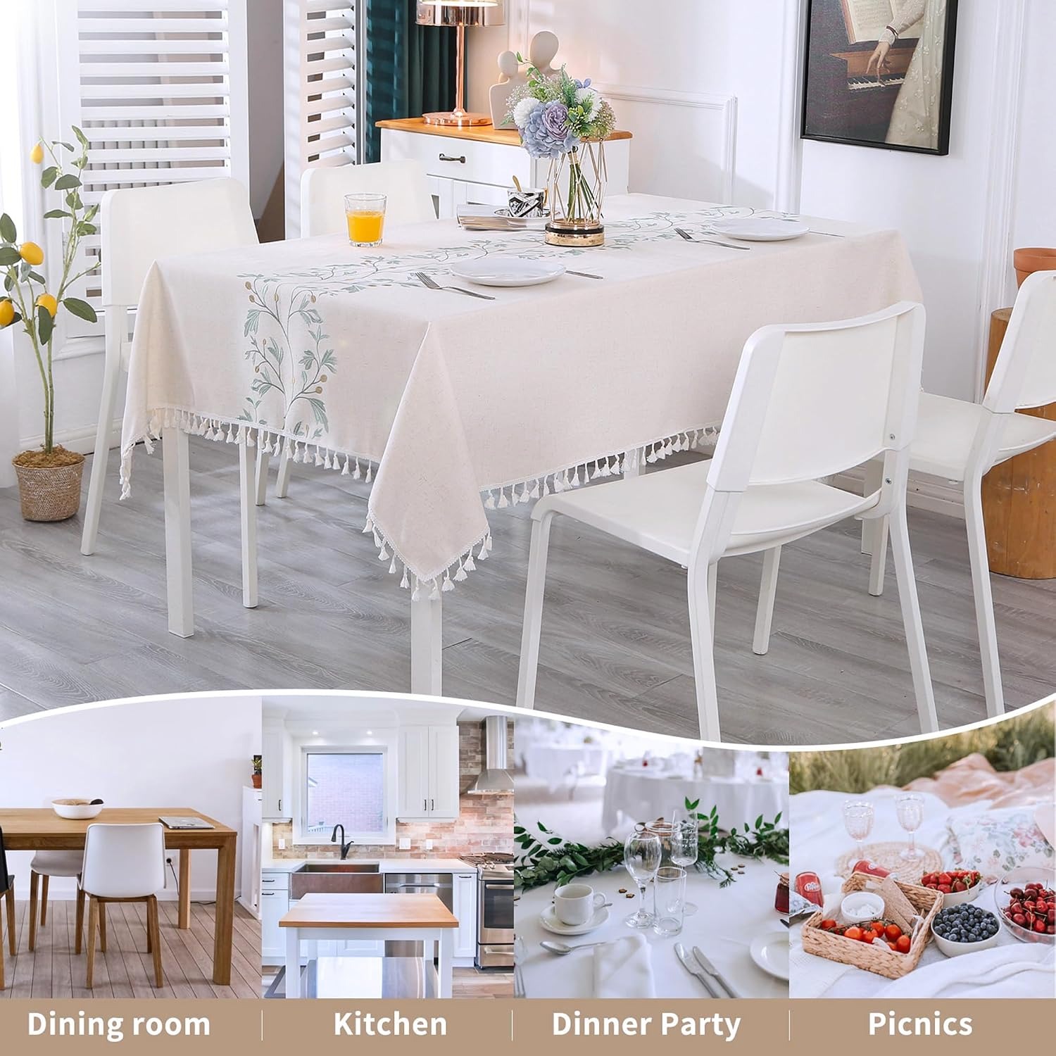 Embroidered Leaf Linen Tablecloth with Tassels: image 8