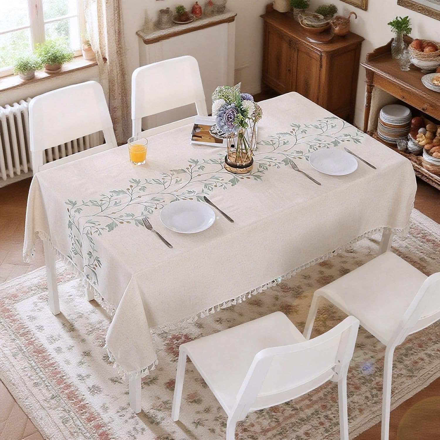 Embroidered Leaf Linen Tablecloth with Tassels: image 9