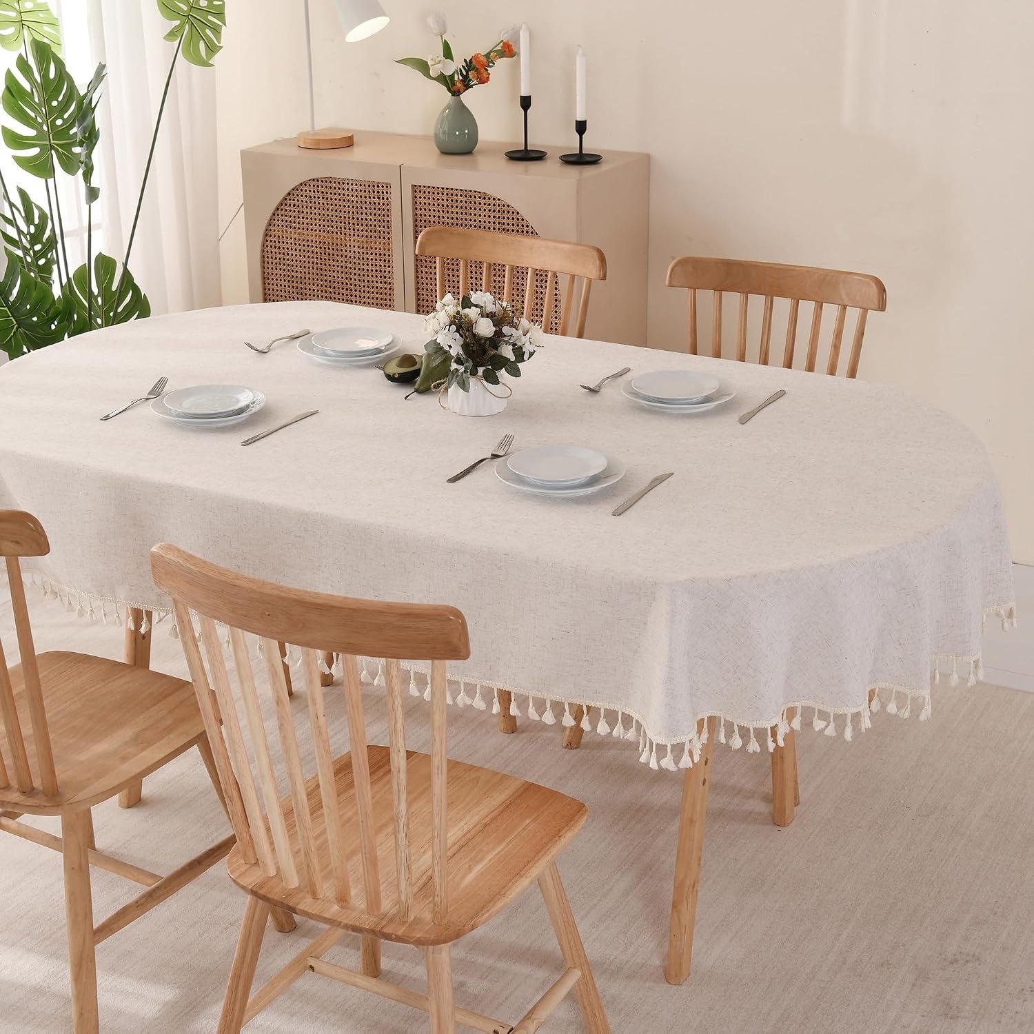 Oval Beige Cotton Linen Tablecloth with Tassels: image 2