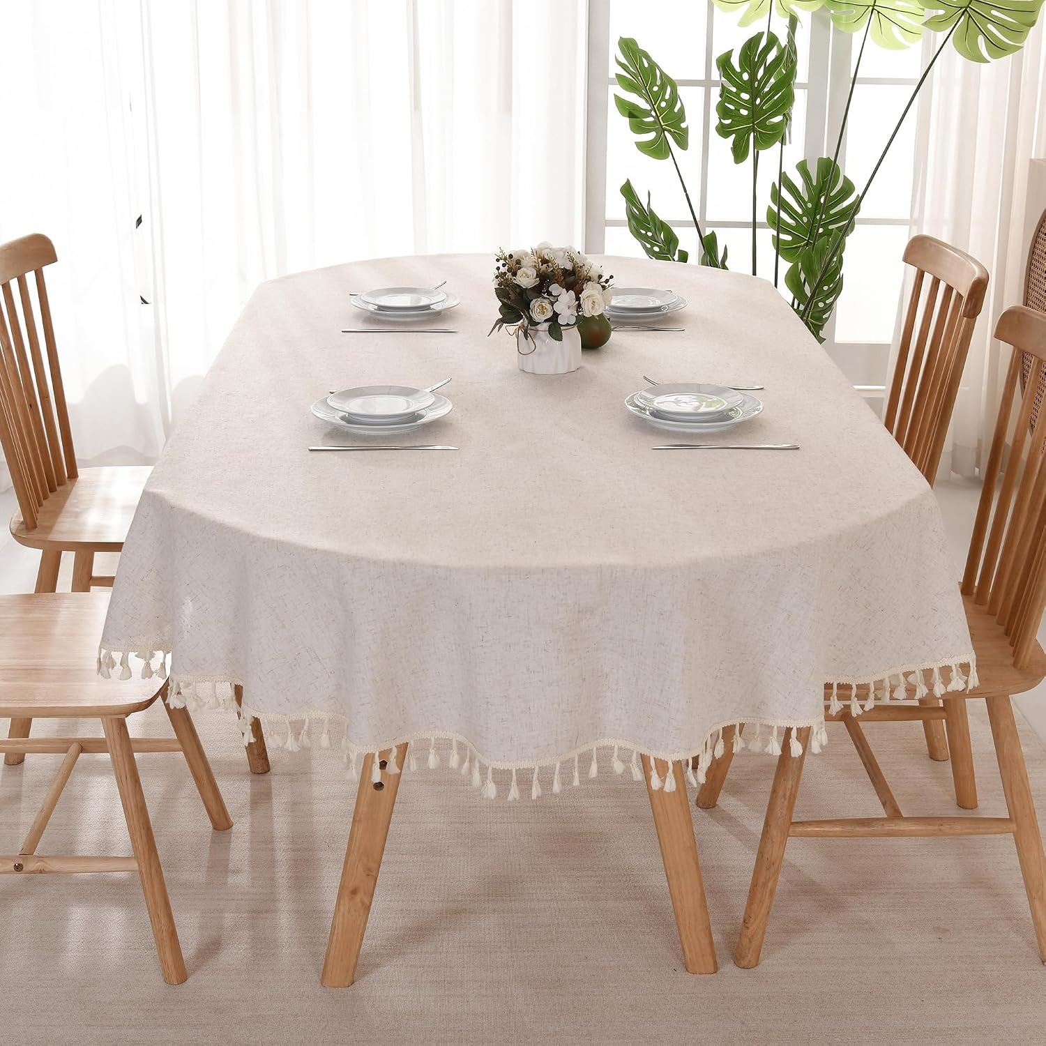 Oval Beige Cotton Linen Tablecloth with Tassels: image 7