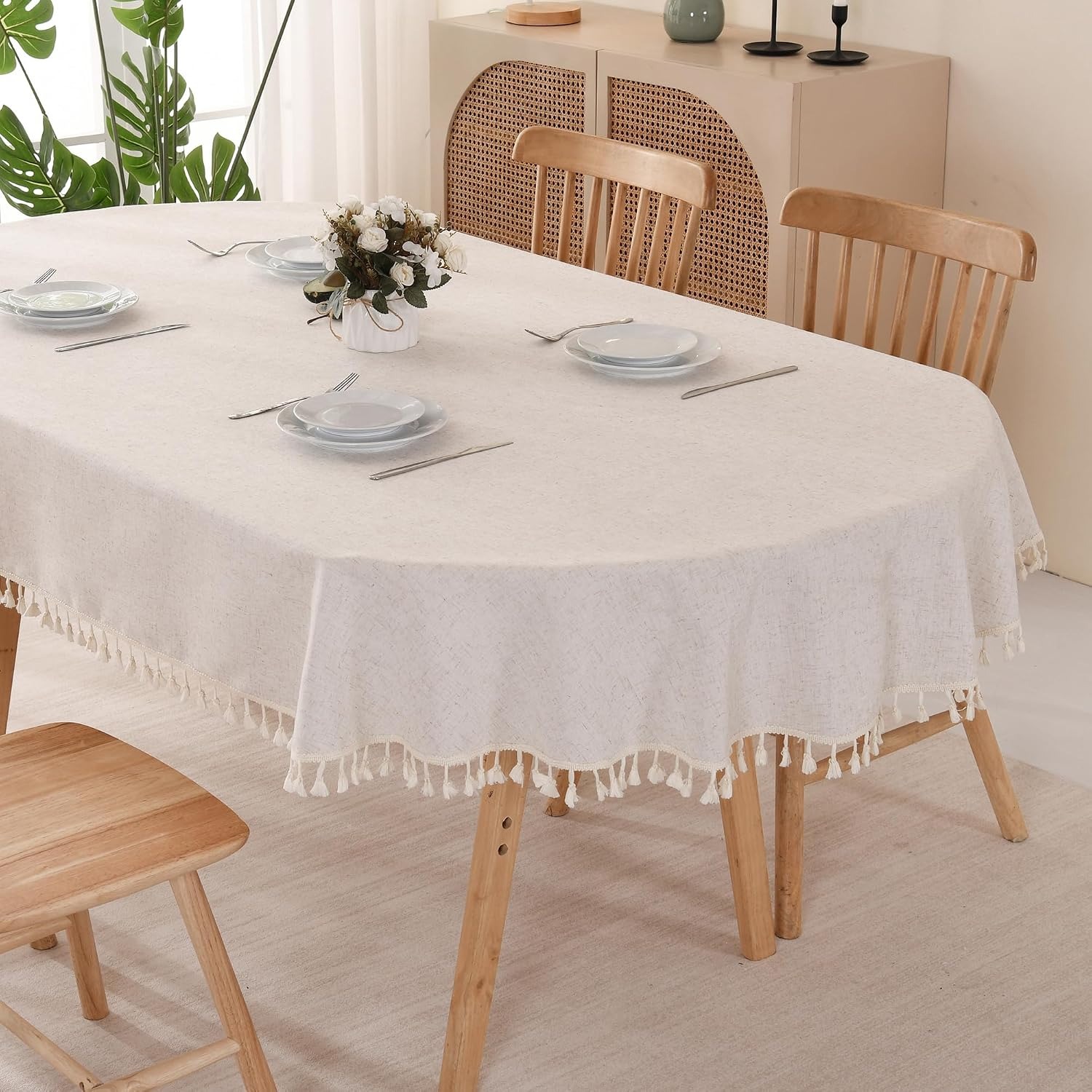 Oval Beige Cotton Linen Tablecloth with Tassels: image 9