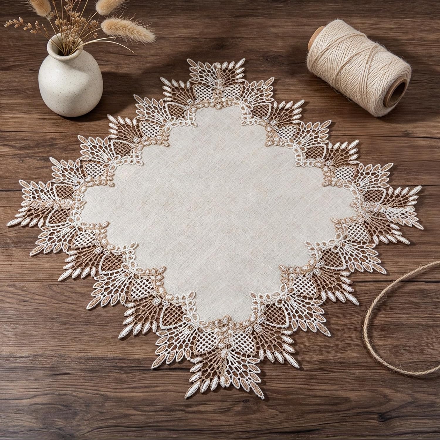 Square Linen Table Topper with Lace Trim 50 cm