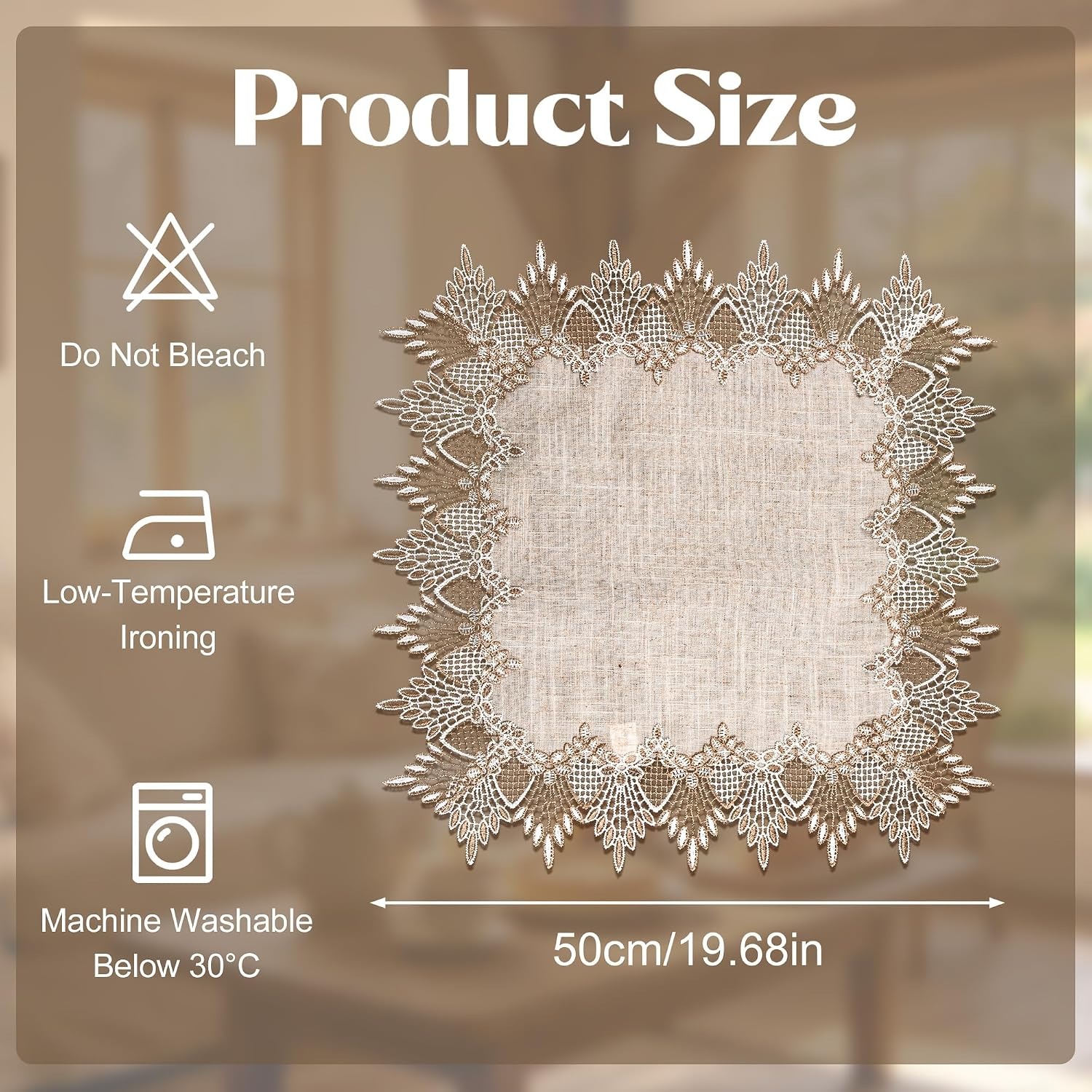 Square Linen Table Topper with Lace Trim 50 cm
