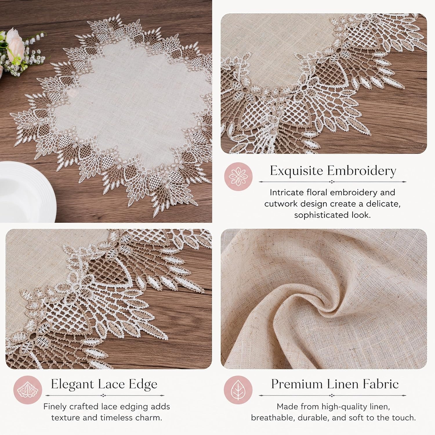 Square Linen Table Topper with Lace Trim 50 cm
