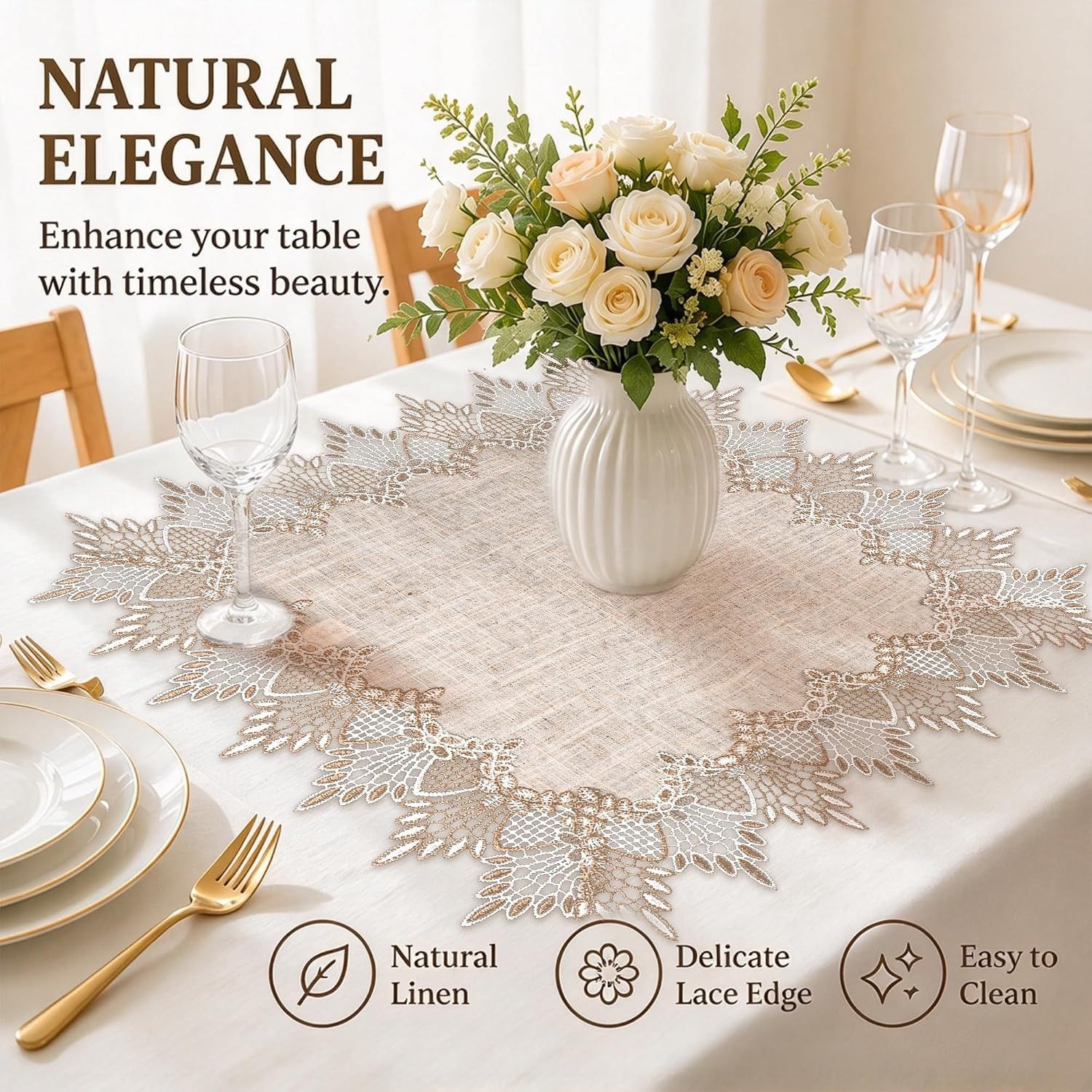 Square Linen Table Topper with Lace Trim 50 cm