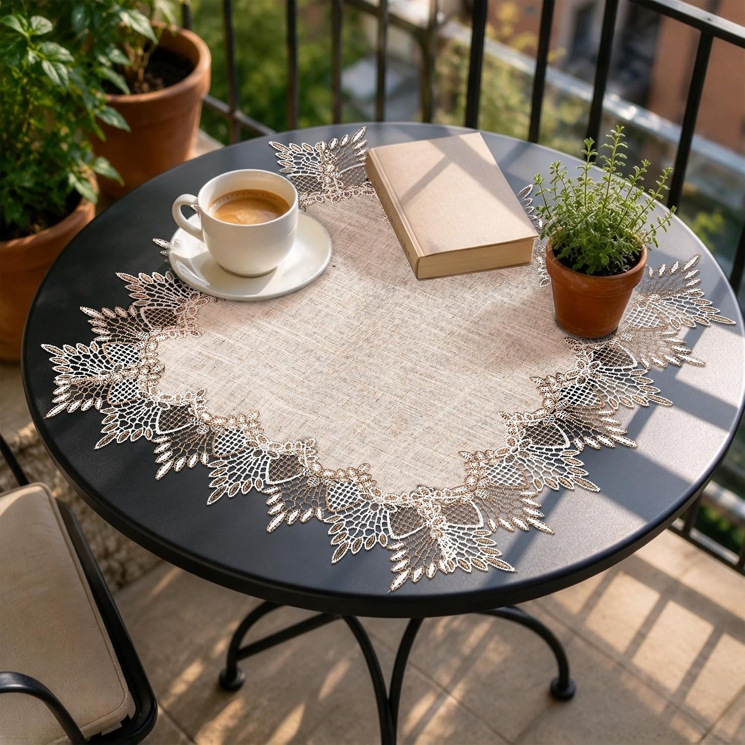 Square Linen Table Topper with Lace Trim 50 cm