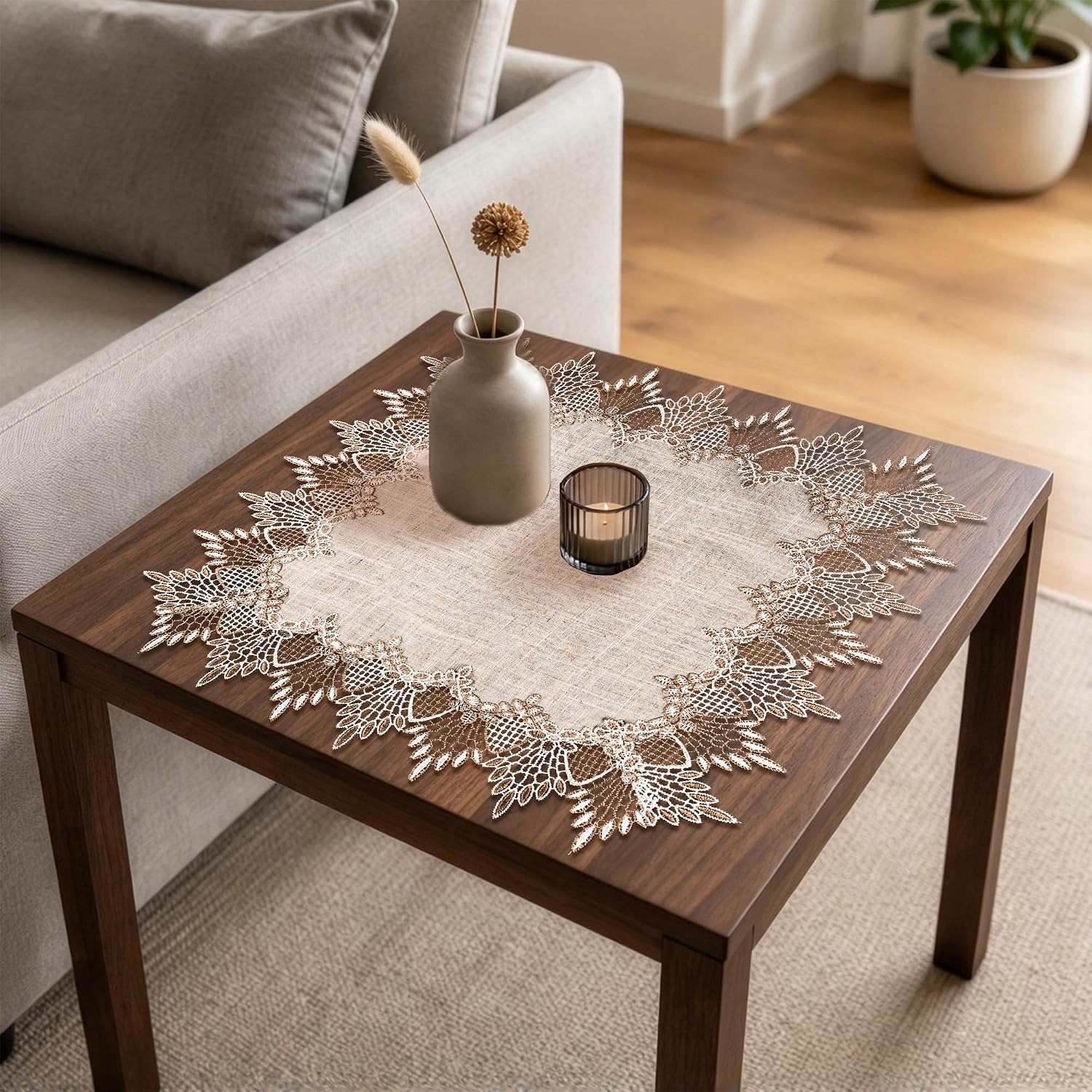 Square Linen Table Topper with Lace Trim 50 cm